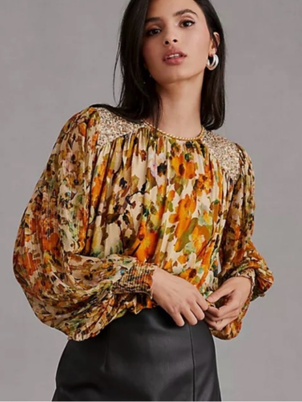 ANTHROPOLOGIE Bl^Nk London Sequin Embellished Floral Mixed Media Blouse Medium